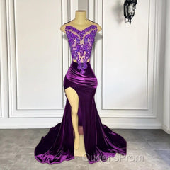 Purple Sleeveless Mermaid Evening Prom Dress with Split Appliques