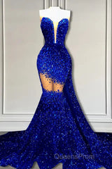V-Neck Sequins Evening Prom Dress Mermaid Sleeveless Crystal.