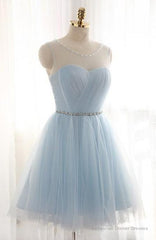 A-Line Jewel Light Blue Tulle Short Homecoming Dress 2025 with Beading Pleats
