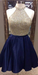 A-Line Jewel Navy Blue Satin Short Homecoming Dress 2025 with Beading