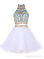 Two Piece High Neck White Tulle Short Homecoming Dress 2025 with Beading Rhinestone