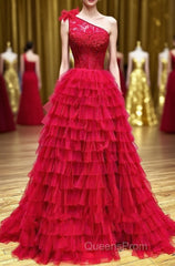 Red One Shoulder Corset Tiered Long Evening Prom Dress with Ruffles