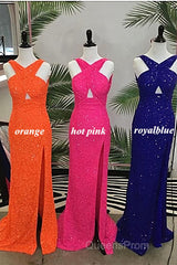 Fitted Criss Coss Neck Orange Evening Prom Dress with Slit