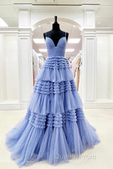 Elegant Light Blue Side Slit Tulle Long Evening Prom Dress