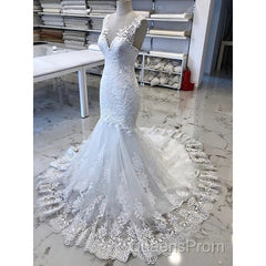 Luxury V Neck Lace Tulle Mermaid Wedding Dress with Appliques