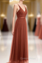 Rust Orange V-Neck Backless A-Line Long Bridesmaid Dress
