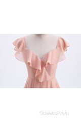 Peach Ruffles A-lline Chiffon Long Bridesmaid Dress with Tie Back