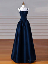 Simple A-Line Dark Blue Satin Long Prom Dress, Dark Blue Long Formal Dress