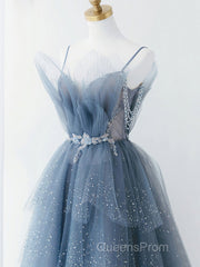 Gray Blue Tulle Beads Long Evening Prom Dress, Blue Tulle Formal Dress