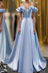 Blue A Line Off Shoulder Long Evening Prom Dress, Blue Evening Dress