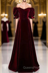 Modest Burgundy Long Evening Prom Dress with Short Sleeves Vintage Evening Gown
