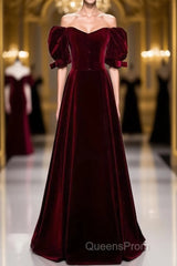 Modest Burgundy Long Evening Prom Dress with Short Sleeves Vintage Evening Gown