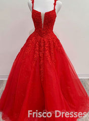 Red Tulle Lace A Line Formal Evening Dress Appliques Long Evening Prom Dress
