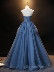 Blue Sweetheart Neck Tulle Long Evening Prom Dress, Blue Evening Dress