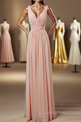 Elegant Plush Pink V-Neck Open Back A-Line Long Bridesmaid Dress