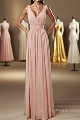 Elegant Plush Pink V-Neck Open Back A-Line Long Bridesmaid Dress