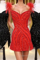 Red V Neck Feathers Sequins Sheath Homecoming Dress