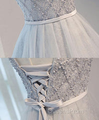 Gray Tulle Beads Short Evening Prom Dress, Gray Homecoming Dress