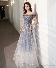 Blue Tulle Off Shoulder Lace Long Prom Dress Tulle Formal Dress