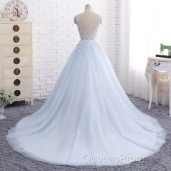 Ball Gown Chapel Train V Neck Sleeveless Backless Appliques Evening Prom Dress
