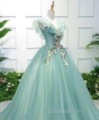 Green V Neck Tulle Long Evening Prom Dress, Green Evening Dress