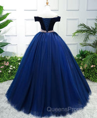 Dark Blue Tulle Off Shoulder Long Evening Prom Dress, Blue Sweet 16 Dress
