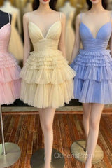 Cute Tulle V-Neck Short Evening Prom Dress, A-Line Homecoming Party Dress