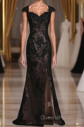 Black Off The Shoulder Sheath Evening Prom Dress Lace&Tulle Floor Length With Applique & Slit