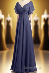 Navy Blue V-Neck Backless Ruffled A-Line Long Dress