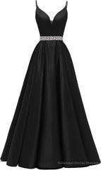 Spaghetti Straps Prom Dresses Long Satin Beaded V-Neck Formal Evening Party Ball Gowns with Pockets