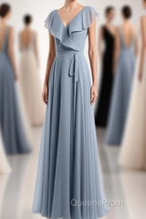 Dusty Blue V-Neck Backless Ruffled A-Line Long Bridesmaid Dress
