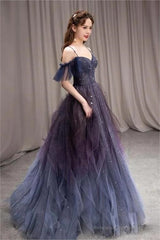 A-line Dark Purple Ombre Tulle Evening Party Dresses Long Prom Dresses