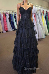 Straps Black Appliques Tulle Ruffle A-line Evening Prom Dress