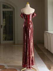 Simple Off Shoulder Sequin Burgundy Long Evening Prom Dress, Burgundy Long Evening Dress