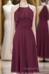 Burgundy Halter Backless Ruffled A-Line Short Dress