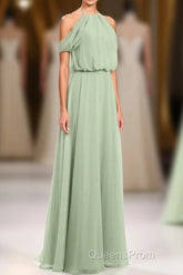 Sage Green Chiffon Halter Blouson-Style Long Bridesmaid Dress