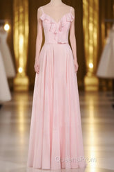 Pink Ruffle Lace-Up A-Line Long Bridesmaid Dress