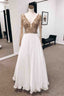 Champagne A-line V Neck Long Sleeves Chiffon Long Prom Dress