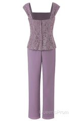 Three-Piece Mauve Square Neck Mother of the Bride Pant Suits