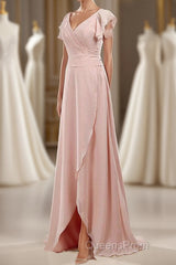 Blush Pink V-Neck Ruffled Long Bridesmaid Dress