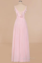 Pink Ruffle Lace-Up A-Line Long Bridesmaid Dress
