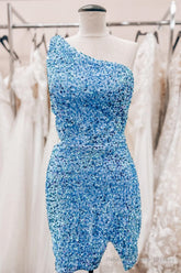 Sky Blue One Shoulder Sequins Sheath Cut-Out Homecoming Dress