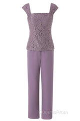 Three-Piece Mauve Square Neck Mother of the Bride Pant Suits