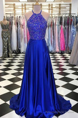 blue a line beads long prom dress blue evening dress