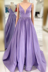 Straps V Neck Satin Maxi Evening Prom Dress Lavender Formal Evening Gown