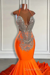 Sleeveless V-Neck Halter Mermaid Evening Prom Dress With Beadings