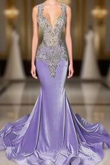 Lilac Mermaid Evening Prom Dress with Scoop Neckline Sleeveless and Crystal Beadings