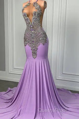 Long Lilac Sleeveless Halter Mermaid Evening Prom Dress With Beadings
