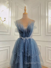 Gray Blue Tulle Beads Long Evening Prom Dress, Blue Tulle Formal Dress