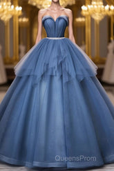 Blue Sweetheart Neck Tulle Long Evening Prom Dress, Blue Evening Dress